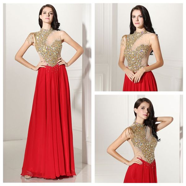 

high neck chiffon red gold sequin prom dress rhinestones beading homecoming dresses long sheer back see through engagement party dresses, Black