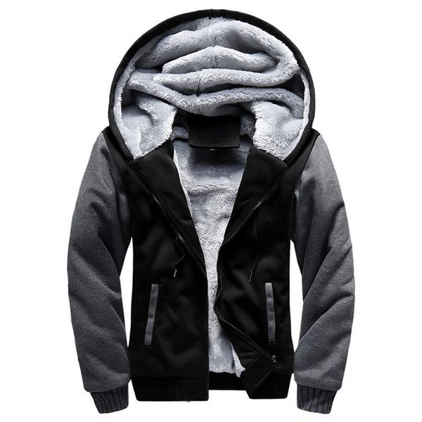 

2019 fashion men winter plush thicken warm hooded jacket new mens patchwork soft wool parkas casual zipper baseball jackets, Black