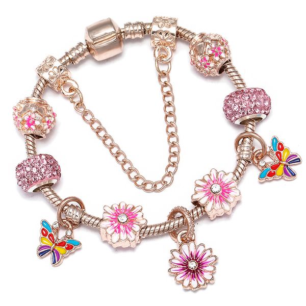 Moda de luxo diamante de cristal de vidro DIY Europeia contas linda borboleta daisy pulseira desenhador flor charme pulseira de mulher meninas