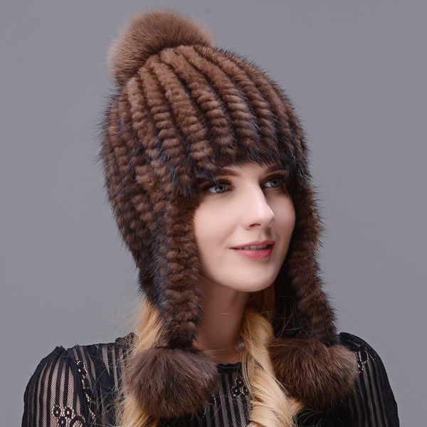 

hand-kintted natural hat thick and warmth long ear cap double closely woven hat for women with three fur pom poms, Blue;gray