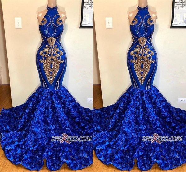 

2019 new royal blue halter mermaid prom dresses gold appliqued sleeveless rose flower train formal evening dresses pageant party wear bc1213, Black