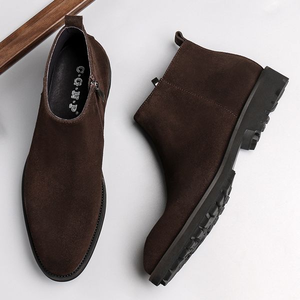 

men leather boots dull polish cowhide nubuck men work boots brown side zipper, Black