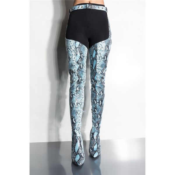 

2019 women snake print boots mujer over knee python pointed toe shoes ladies belt waist buckle thigh high heels boots women, Black