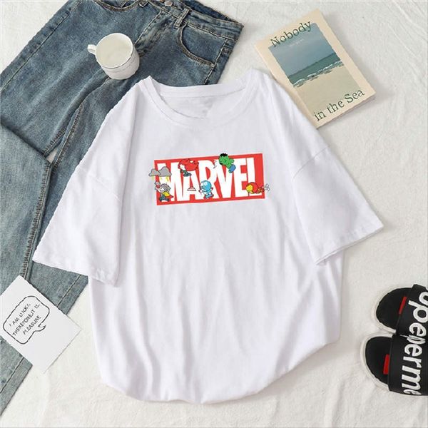 

summer lovers students inside large coat cartoon printing all-match loose round collar all-match short sleeve t-shirt t-shirt coat, White
