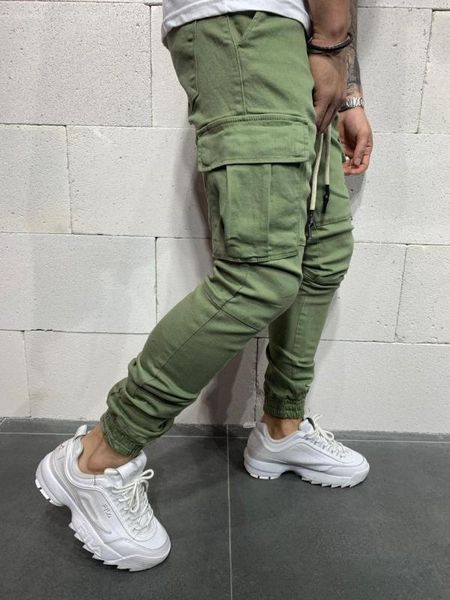 

green cargo pants with pockets gabardine slim fit streetwear, Blue