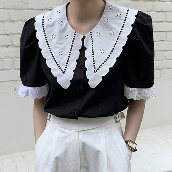 

women's peter pan collar hook flower shirts petal sleeve single breasted french shirt lady 2020 fashion sweet casual female, White