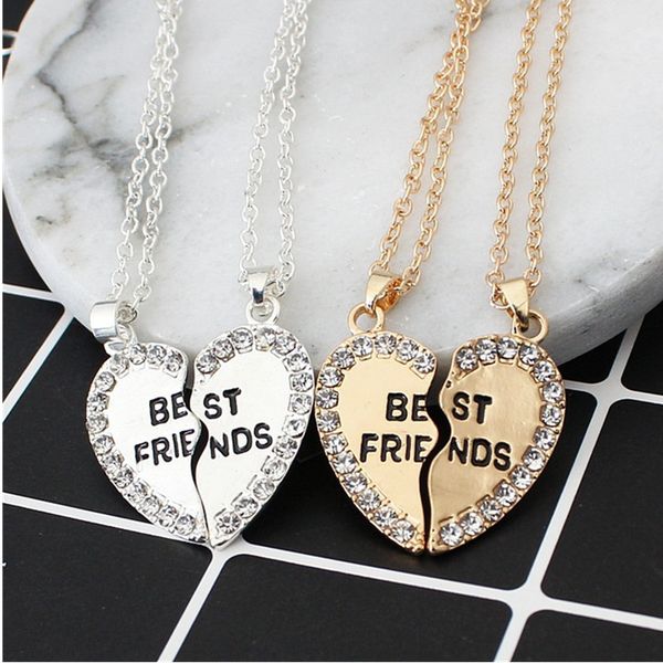 

2 pieces / set half love rhinestone pendant friend necklace friendship gift for couple good frien dalloy pendant necklace, Silver