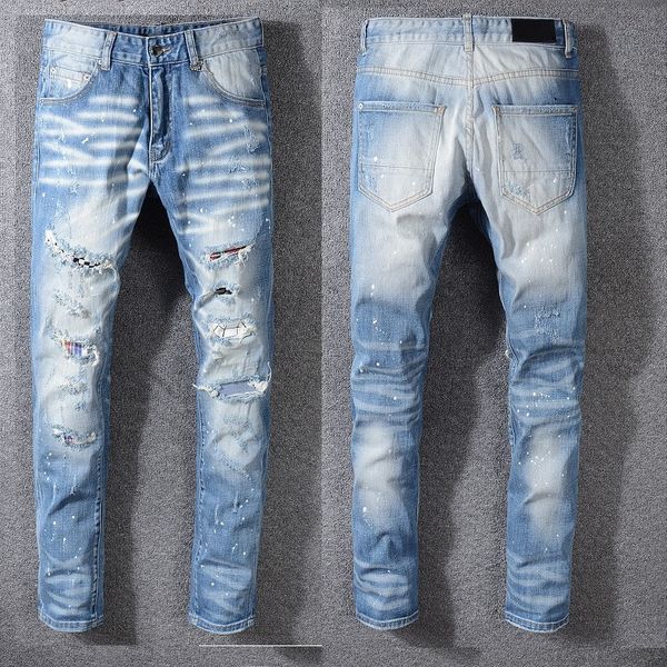 

wholesale jeans world famous designer brand men personalized popular holes jeans motorcycle jeans denim pants trouserscool repair, Blue