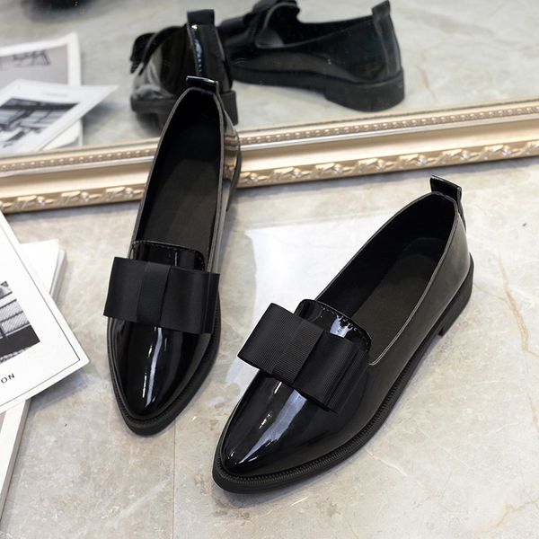 

2019 new spring flats women shoes bowtie loafers patent leather elegant low heels slip on footwear female pointed toe thick heel, Black