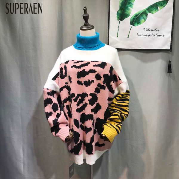 

superaen 2019 fashion pullovers sweaters women turtleneck wild casual leopard ladies sweater winter new long sleeve female, White;black