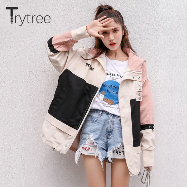 

trytree 2019 autumn winter women casual hooded trench zipper polyester spliced pockets trench high street loose lady coat, Tan;black