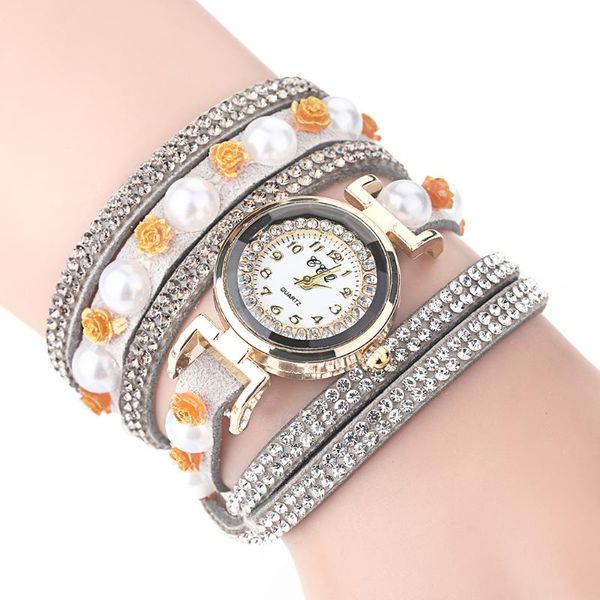 

women rhinestone pearl & flower watch ladies leather bracelet wristwatches for gift clock, Slivery;brown