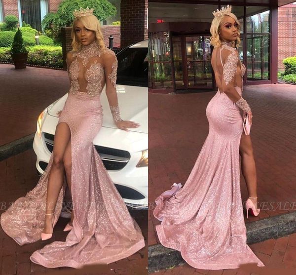 

sheer long sleeves high neck lace mermaid prom dresses 2020 black girls lace applique split backless sweep train evening gowns