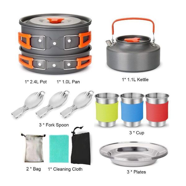 

camping picnic set pan pot kettle cookware kit camping water cup spoon with carry bag outdoor cookware for picnic backpacking