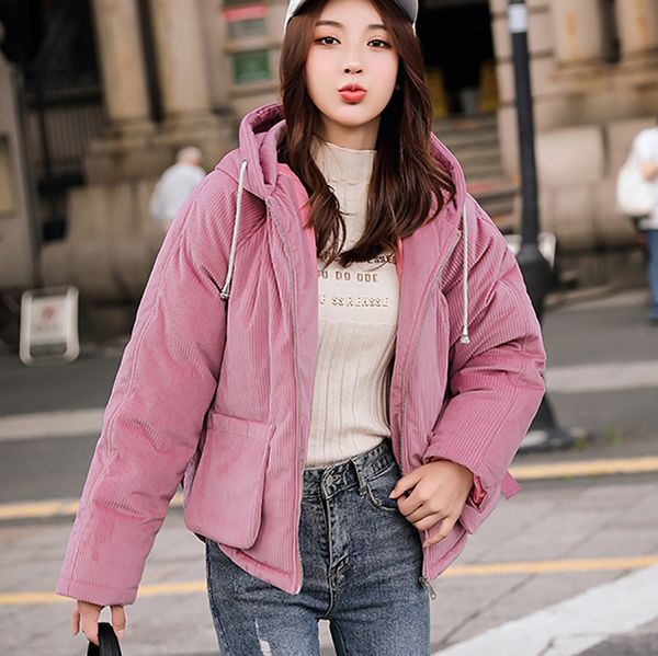 

vogue hooded women coat autumn winter warm thicken cotton parkas down jacket students baseball bomber outwear short 8m2, Black