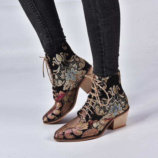 

lasperal spring retro women embroidery flower short boots lady elegant lace up ankle boots female chunky botas mujer, Black