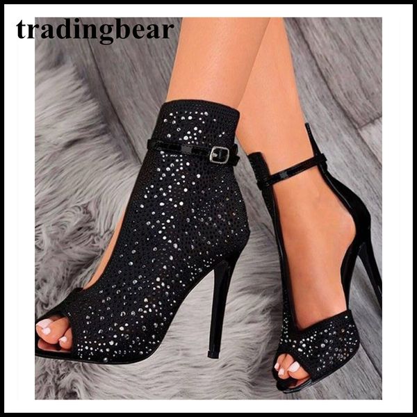 

11cm black rhinestone peep toe ankle bootie fashion women shoes ladies high heels pumps size 35 to 40