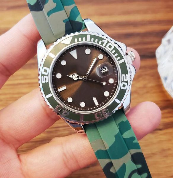 

quartz mens watch 40mm ceramic bezel sapphire glass men watches camouflage rubber strap, Slivery;brown