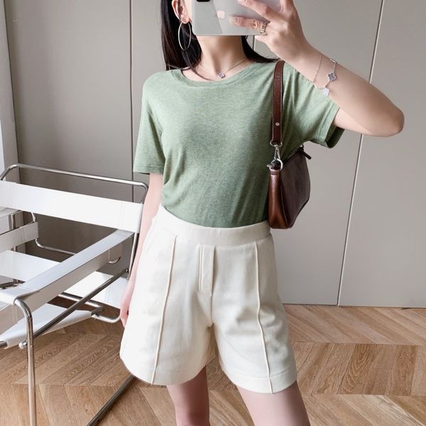 

2020 t-shirt pullover new mulberry silk blended soft breathable slim round collar short sleeve t-shirt solid color pullover top, White