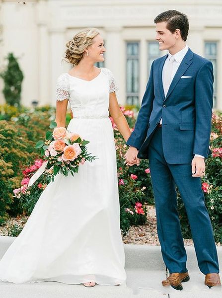 Discount 2020 Simple Short Sleeves Country Wedding Dresses Chiffon