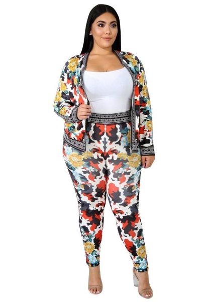 

floral printed casual 2 piece outfit autumn front zipper long sleeve coats elastic waist fit slim pants lady tracksuits rompers, Black;white