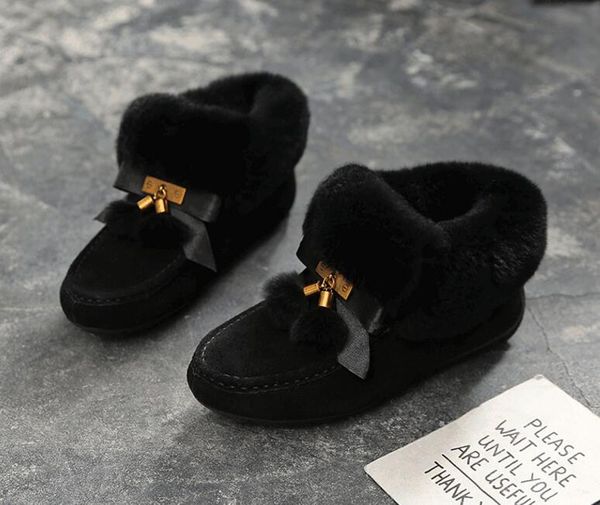 

season women designer fur snow boots genuine leather bowtie flat heel fashion luxury women ankle boots plush lining cotton shoes, Black
