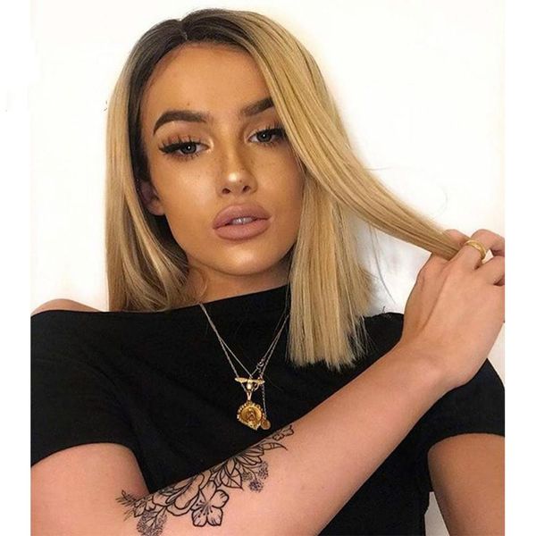 

13x6 фронта шнурка человеческих волос парики 150% плотность straight блант cut bob pre ​​щипковых honey blonde remy волос natural hairline, Black