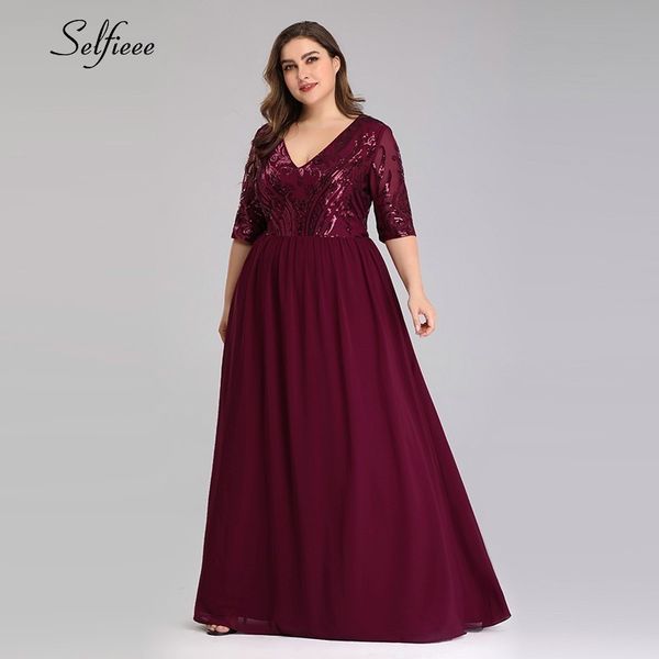 

robe femme элегантный бургундские sequined женщины платья плюс размер a-line v-образным вырезом половина рукава дамы искорка maxi платья zom, Black;gray