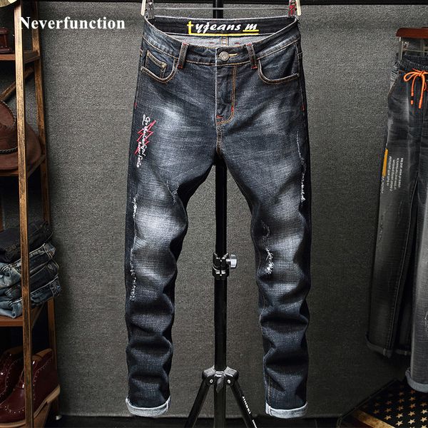 

2019 men streetwear skinny ripped jeans trousers fashion brand mens distressed retro wash business casual denim jeans pants, Blue