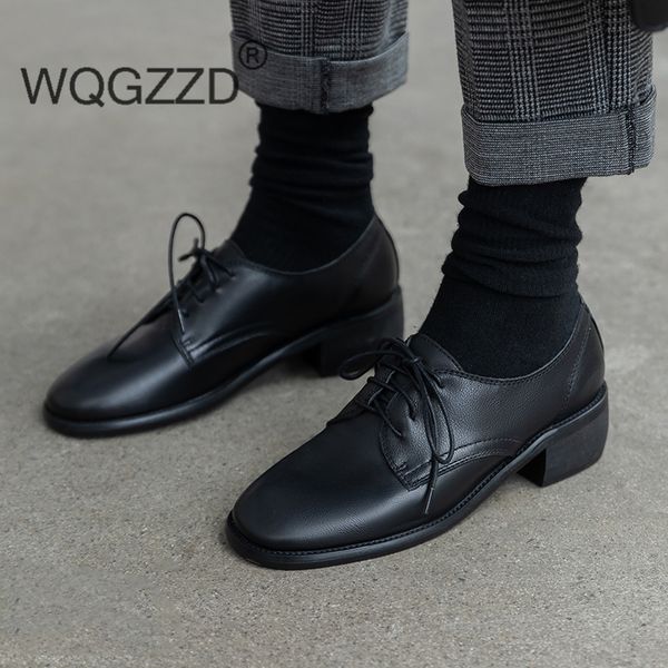

european 100% genuine leather shoes woman casual flat shoes women lace up oxfords for women, Black