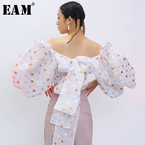 

[eam] women dot printed bandage bow blouse new slash neck half puff sleeve loose fit shirt fashion tide spring summer 2020 1t912, White