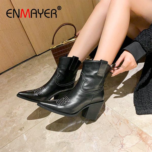 

enmayer winter boots women basic genuine leather spike heels ankle boots for women pointed toe mixed colors sewing shoes, Black