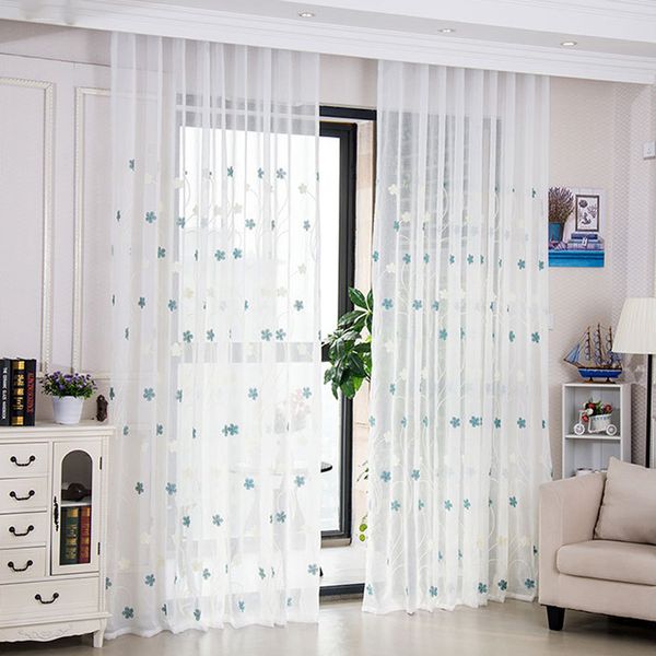 2020 White Blue Flowers Embroidery Sheer Tulle Curtains For Living Room