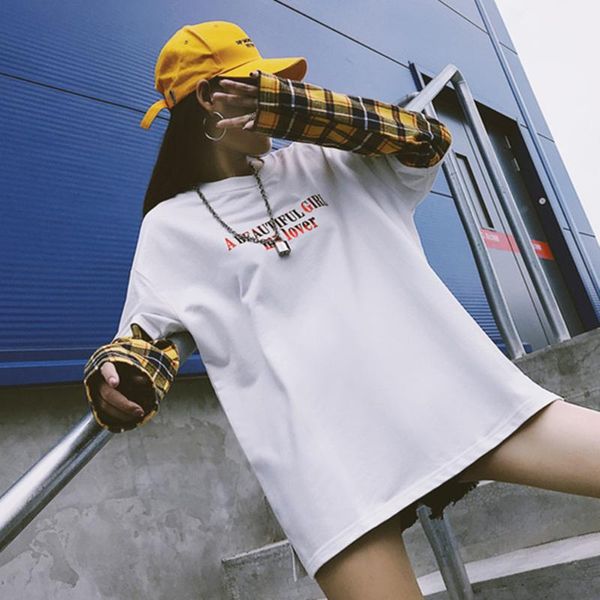 

europe and america autumn and winter new style plaid stitching fake two-piece hip hop bf loose-fit long-sleeved t-shirt women's, White