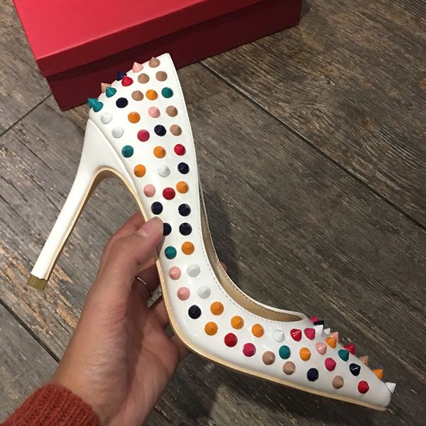 

casual designer lady fashion women pumps white patent leather multi color spikes point toe high heels shoes pumps 12cm 10cm 8cm brand, Black
