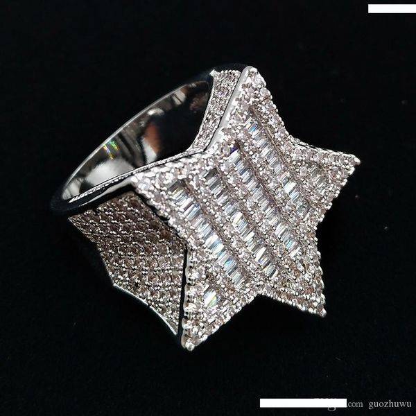 

18k gold & white gold mens luxury bling cubic zirconia pentagram hip hop ring band full diamond iced out rapper jewelry gifts for boyfriend, Silver