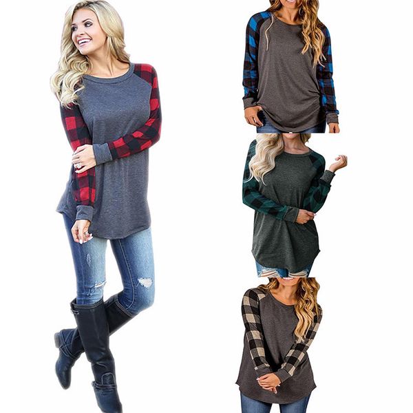 

s-5xl women plaid t shirt pullover long sleeve grid raglan hoodie cotton spring autumn blouses shirts casual sports tracksuit c72306, Blue