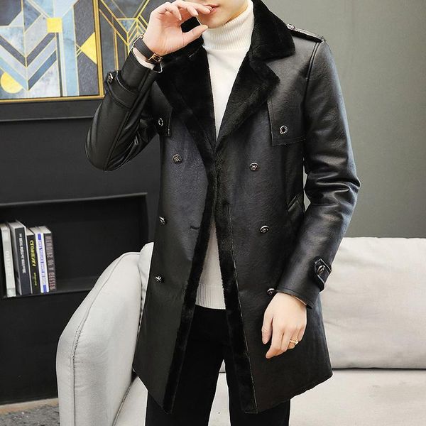 

new fashion men's plus velvet thick mid-length leather winter korean slim leather jacket men's clothing, Black