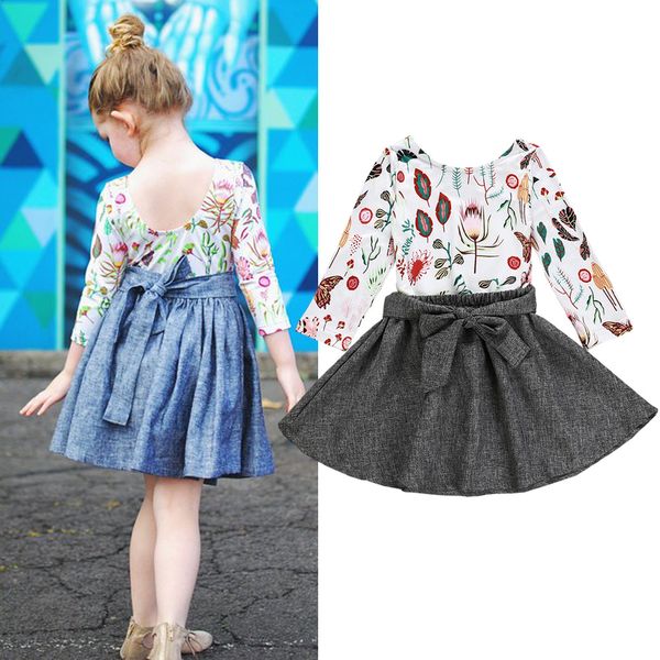 

retail girls designer outfits 2pcs suit set(floral tshirt+ruffle bow skirt)kids designer tracksuits girls clothing sets, White