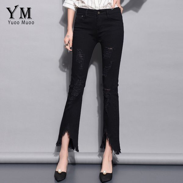 

yuoomuoo black ripped skinny denim jeans high street fashion summer women flare pants button mid waist asymmetrical trousers, Blue