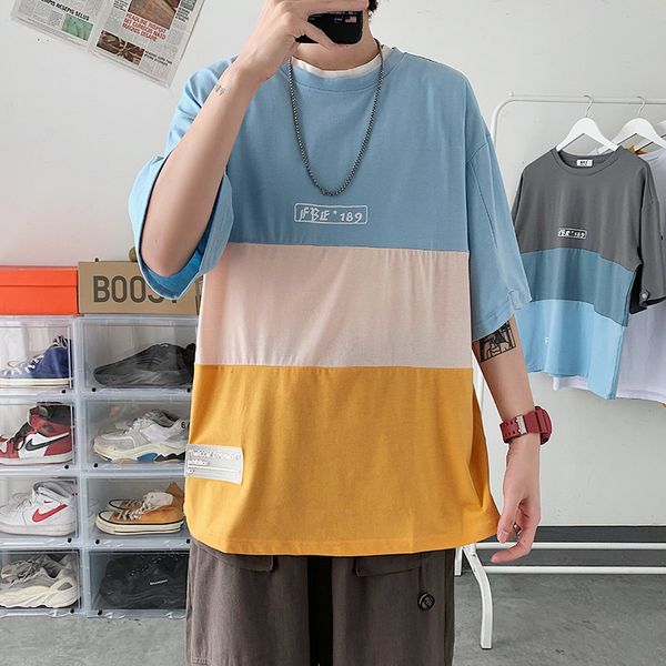 

summer patchwork color stripe short sleeve o-neck t shirt casual loose hip-hop clothes korean version fashion japanese top, White;black
