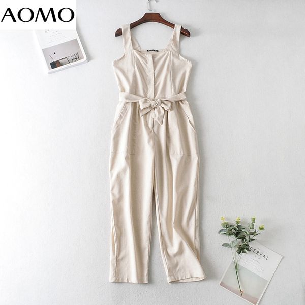 

aomo women beige cotton linen long jumpsuit strap sleeveless summer female casual jumpsuit ja127a, Black;white