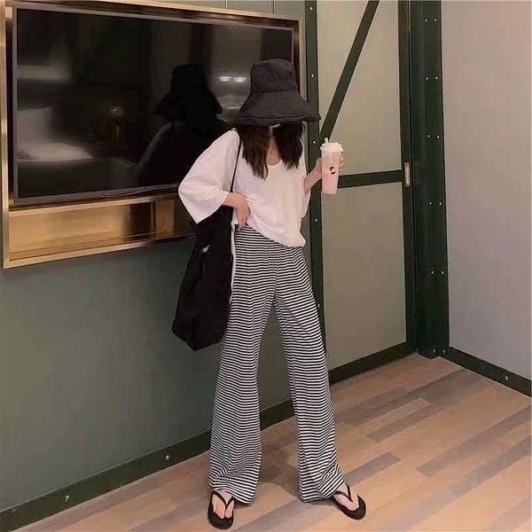 

высокая талия широкие ноги штаны брюки женщины xia chuan sense швабра штаны черный и белый горизонтальные полосы мягкие льда шелковые брюки, Black;white