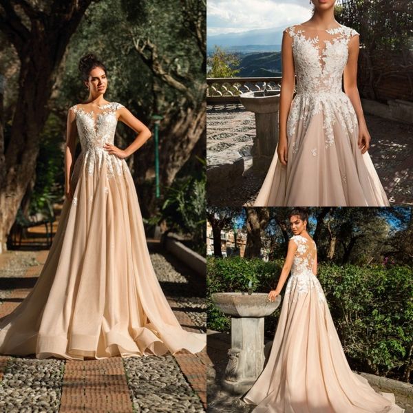 

vintage 2019 champagne wedding dresses jewel neck a line lace applique tulle boho bridal gowns new arrival, White