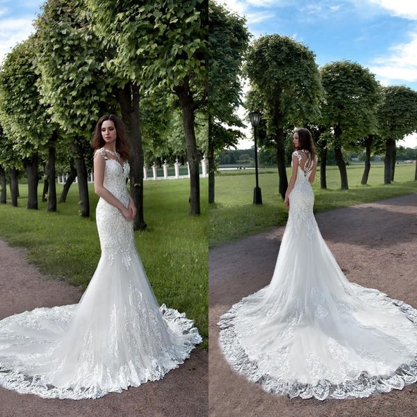 

2020 mermaid wedding dresses jewel lace appliques bridal gowns custom made button back sweep train wedding dress robe de mariee, White
