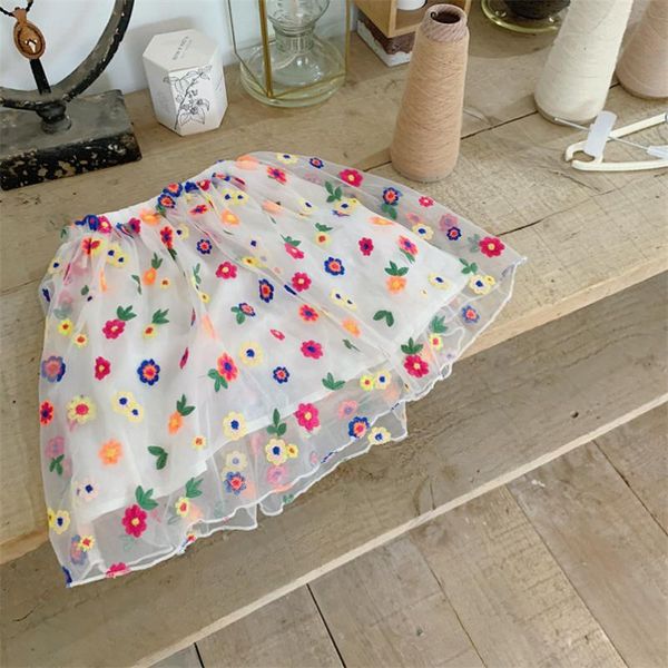 

adorable princess girls skirt summer vintage flower embroidery tutu skirt kids tulle pettiskirt children clothes 1-7yrs