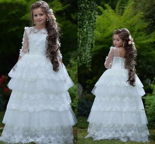 

fairy tired white girls pageant dresses jewel half sleeve corset back appliques 3d flowers flower girl dress child birthday party gowns