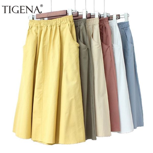 

tigena pocket midi skirt women 2019 summer korean fashion high waist knee length skirt female casual school sun yellow, Black