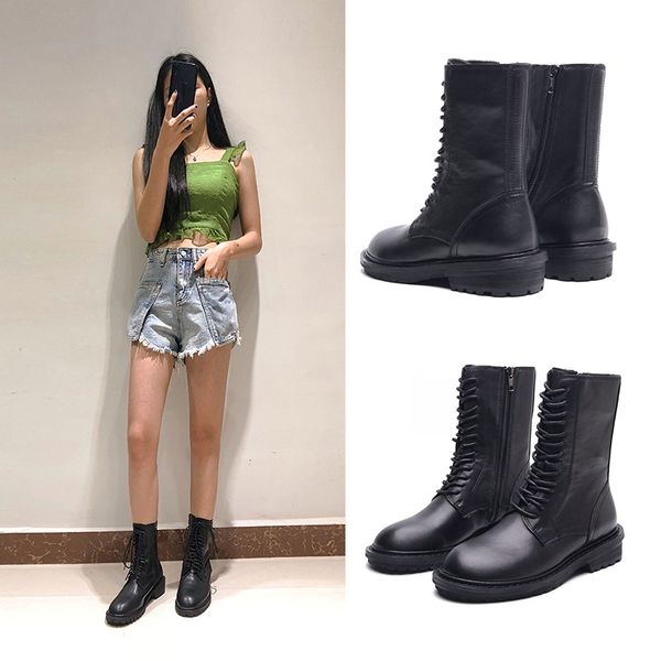 

cross-tied motorcycle riding boots women british creepers knight botas mid-calf round toe sewing winter botines mujer femme 2020, Black