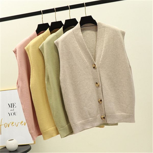 

10 colors 2020 autumn winter knitted vest women v-neck single breasted casual sweater coat sleeveless women basic, Black;white